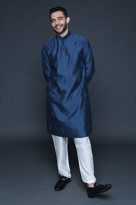 Buy_Sanjev Marwaaha_Blue Cotton, Silk Embroidery Flower Hand Kurta And Pant Set_Online_at_Aza_Fashions