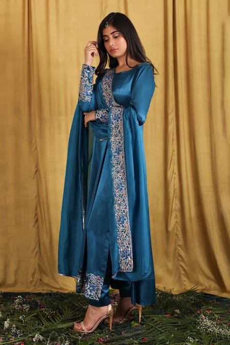 The Aarya_Blue Maheshwari, Silk, Cotton Embroidery, Placement Floral And Peacock Kurta Set_Online_at_Aza_Fashions