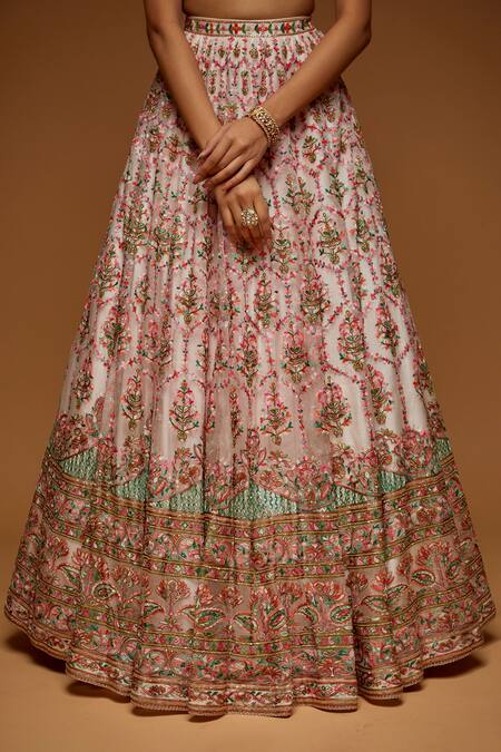 Neeta Lulla_Pink Tulle Sequin, Thread And Beads V Bahar Floral Embroidered Bridal Lehenga Set_Online_at_Aza_Fashions