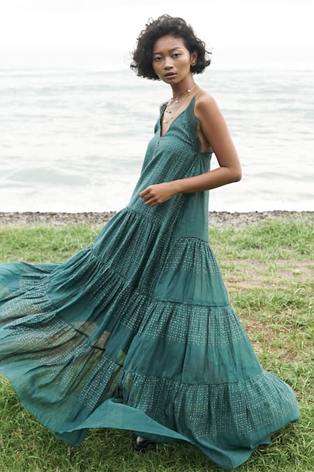 Baju_Green 40% , 60% , Chanderi Polka Tulle Tiered Gown_Online_at_Aza_Fashions