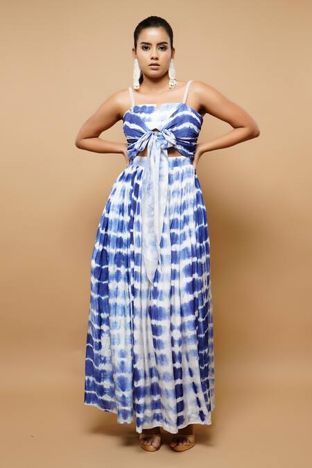 Ahi Clothing_White Silk, Lining Tie Dye Square Neck Gown_Online_at_Aza_Fashions