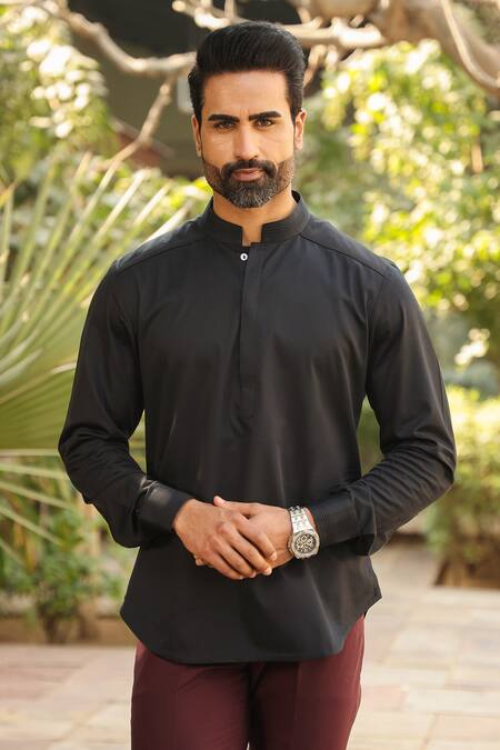 Raw & Rustic By Niti Bothra_Black Cotton Embroidery Mandarin Collar Kurta Shirt _Online_at_Aza_Fashions