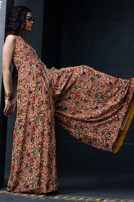 PDS by SNEHA_Multi Color Crepe Printed Abstract V Neck Jumpsuit _Online_at_Aza_Fashions