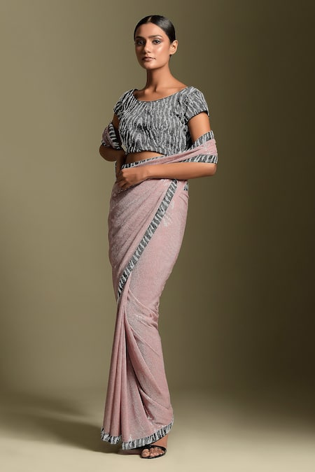 Two Sisters By Gyans_Pink Blouse Georgette, Saree Satin Sequin And Swarovski Stones Embroidered With_Online_at_Aza_Fashions
