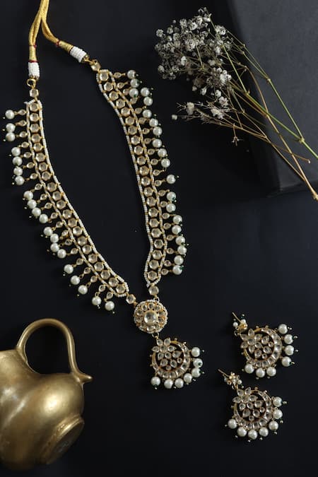 Paisley Pop Gold Plated Diamonds, Pearls Polki Necklace Set Online at Aza Fashions Paisley Pop_Gold Plated Diamonds, Pearls Polki Necklace Set _Online_at_Aza_Fashions