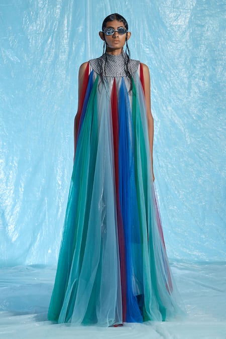 Akhl_Multi Color Body  Silk-raffia Mesh (30% Silk 70% Cotton) Fall Panelled Kaftan_Online_at_Aza_Fashions