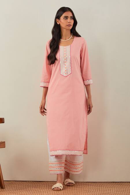 Shop_The Indian Cause_Peach Cotton Embroidery Round Neck Rozana Placket Kurta Set _Online_at_Aza_Fashions