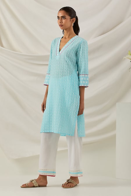 The Indian Cause Blue Cotton Piping V-neck Kali Chikankari Embroidered Short Kurta Online at Aza Fashions The Indian Cause_Blue Cotton Piping V-neck Kali Chikankari Embroidered Short Kurta_Online_at_Aza_Fashions