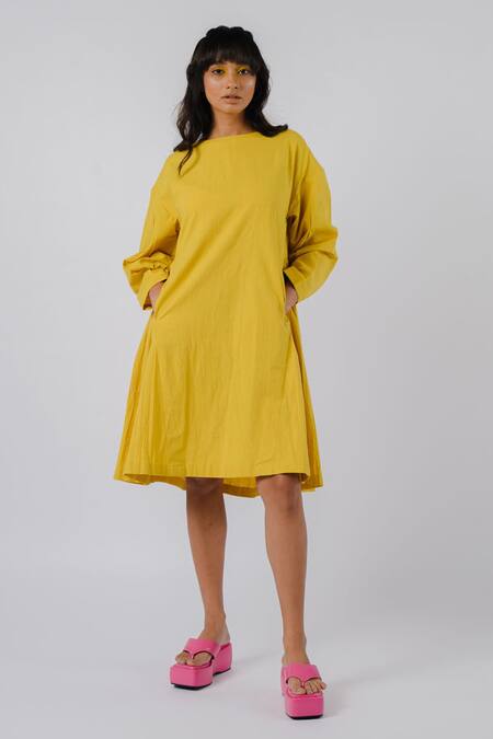 Tussah By Siddhi Shah Yellow Cotton Cut Work Round Neck Detail Dress Online at Aza Fashions Tussah By Siddhi Shah_Yellow Cotton Cut Work Round Neck Detail Dress _Online_at_Aza_Fashions