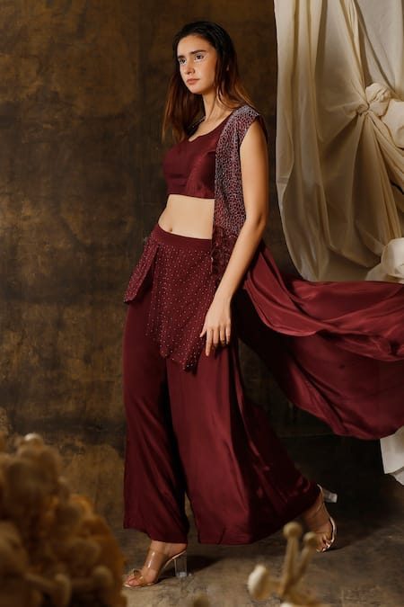 Eclat By Prerika Jalan_Maroon Organza, Muslin, Crepe, Mohair Asymmetric Cape And Panelled Pant Set _Online_at_Aza_Fashions