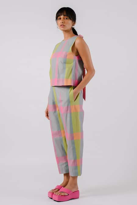 Tussah By Siddhi Shah Multi Color Cotton Round Neck Checkered Crop Top With Pant Online at Aza Fashions Tussah By Siddhi Shah_Multi Color Cotton Round Neck Checkered Crop Top With Pant _Online_at_Aza_Fashions