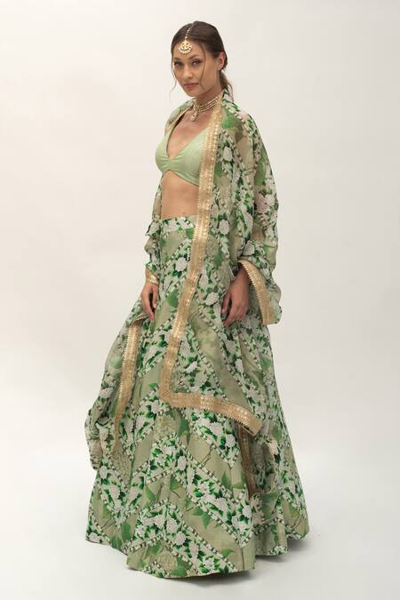 Buy_Sanam_Green Silk, Organza Embroidery, Sequins Botanic Pattern Panelled Lehenga Set _Online_at_Aza_Fashions