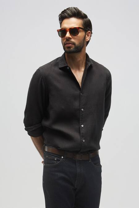 Terra Luna Black 100% Linen Solid Shirt Online at Aza Fashions Terra Luna_Black 100% Linen Solid Shirt _Online_at_Aza_Fashions