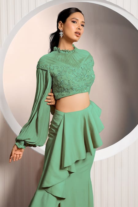 Jade By Ashima_Green Chiffon, Crepe Mirrors, Ruffles Turtle Neck Bouquet Blouse And Skirt Set _Online_at_Aza_Fashions