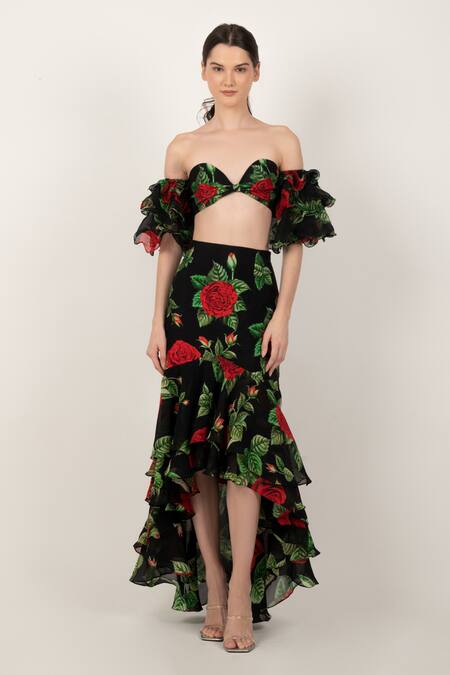 Buy Sanam Black Silk Embroidery Off-shoulder Rosamund Floral Pattern Top And Skirt Set Online at Aza Fashions Buy_Sanam_Black Silk Embroidery Off-shoulder Rosamund Floral Pattern Top And Skirt Set _Online_at_Aza_Fashions