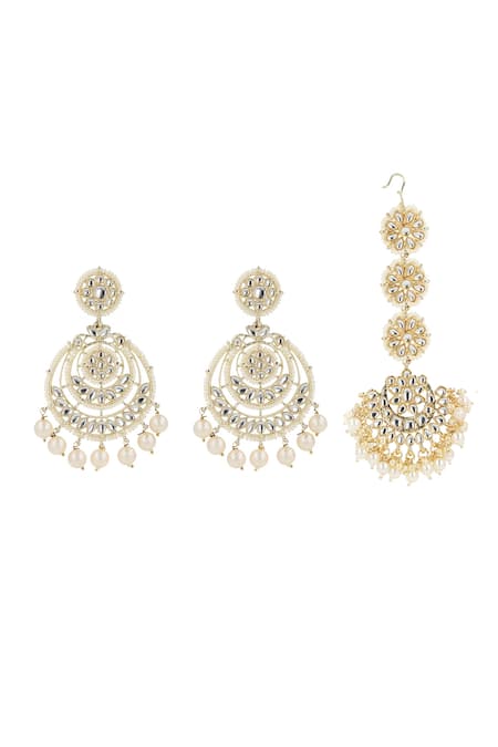 Ishhaara Gold Plated Stones, Pearls Drop Chandbalis With Maangtikka Online at Aza Fashions Ishhaara_Gold Plated Stones, Pearls Drop Chandbalis With Maangtikka _Online_at_Aza_Fashions
