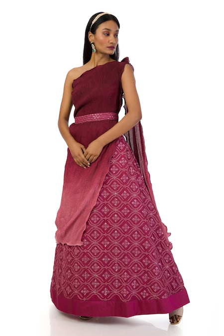 Meghna Shah Pink Chiffon, Georgette Sequins, One Shoulder Textured Top And Skirt Set Online at Aza Fashions Meghna Shah_Pink Chiffon, Georgette Sequins, One Shoulder Textured Top And Skirt Set _Online_at_Aza_Fashions