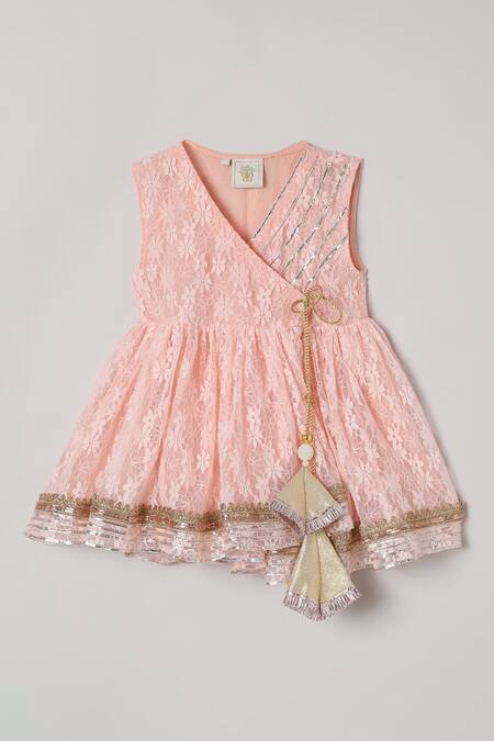 Byb Premium_Peach Viscose, Cotton, Chiffon Embroidery, Tassels, Asymmetric Kurta Sharara Set _Online_at_Aza_Fashions