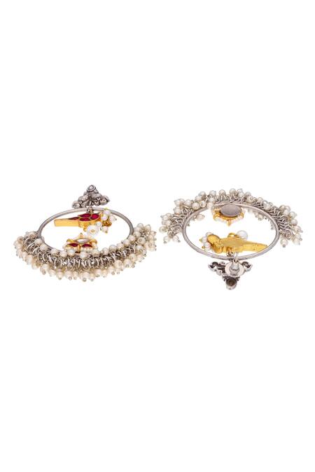 Curio Cottage_Silver Plated Pearl, Semi Precious Kundan Stone Parrot And Embellished Danglers_Online_at_Aza_Fashions