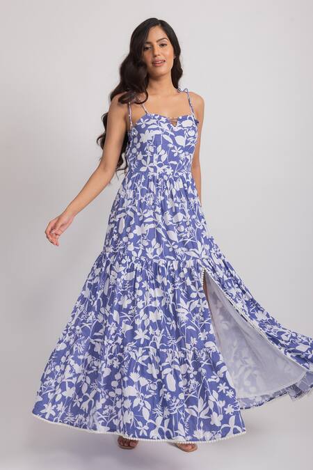 Aroop Shop India_Blue Velvet Lace Sweetheart Neck Berry Floral Print Maxi Dress _Online_at_Aza_Fashions