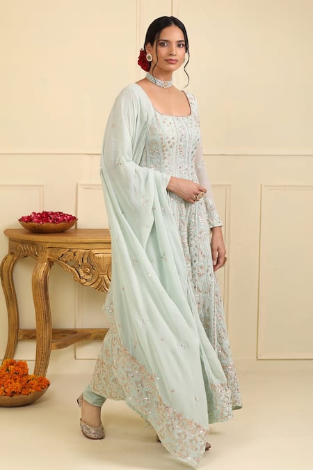 Esha Koul_Blue Georgette, Crepe Sequins, Gota Patti, Embroidery Chikankari Anarkali Set _Online_at_Aza_Fashions