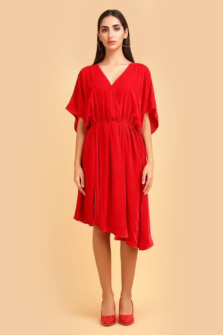 Label Ivish_Red Silk, Velvet V-neck Gathered Asymmetric Dress _Online_at_Aza_Fashions