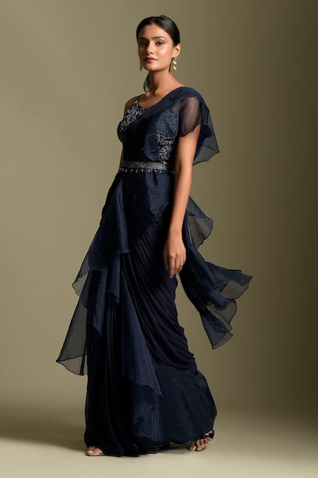 Two Sisters By Gyans_Blue Blouse Net, Saree Georgette And Pre-draped Ruffle With Embellished _Online_at_Aza_Fashions