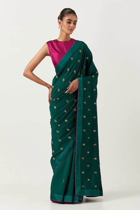 Label Earthen_Green Chanderi Silk, Chiffon Embroidery Round Neck Hazzarbuti Saree With Blouse _Online_at_Aza_Fashions