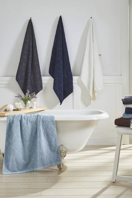 Houmn Blue 100% Cotton Weaves Pattern Form Towel Set Online at Aza Fashions Houmn_Blue 100% Cotton Weaves Pattern Form Towel Set_Online_at_Aza_Fashions