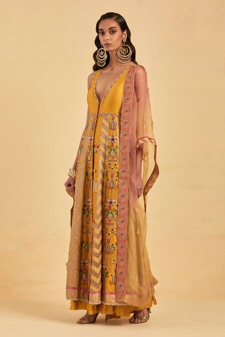 Aum By Asit And Ashima_Yellow Banarasi Silk Hand Embroidery Zardozi Plunge V Neck Anarkali And Skirt Set_Online_at_Aza_Fashions