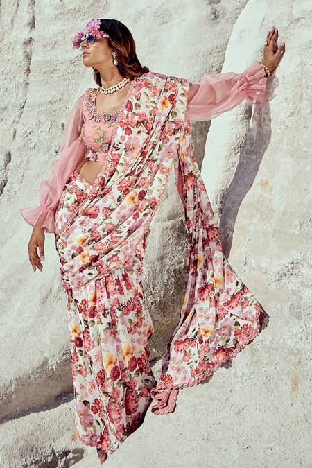 Nikita Vishakha_Pink Georgette, Silk Organza Embroidery Floral Printed Pre-draped Saree Set _Online_at_Aza_Fashions