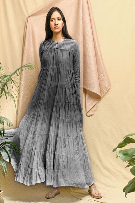 Chambray & CO. Grey Cotton Embroidery Round Neck Tiered Maxi Dress Online at Aza Fashions Chambray & CO._Grey Cotton Embroidery Round Neck Tiered Maxi Dress _Online_at_Aza_Fashions