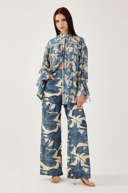 Koai_Sky Blue Cotton, Silk Embroidery High Neck Floral Print Shirt _Online_at_Aza_Fashions