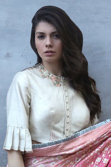 I Am Design_Ivory Raw Silk Floral And Kantha Embroidery Round Button Front Crop Top _Online_at_Aza_Fashions