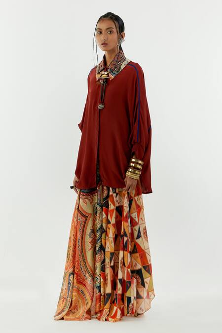 Aseem Kapoor_Maroon Crepe Tassels Collared Mandala Embroidered Shirt_Online_at_Aza_Fashions