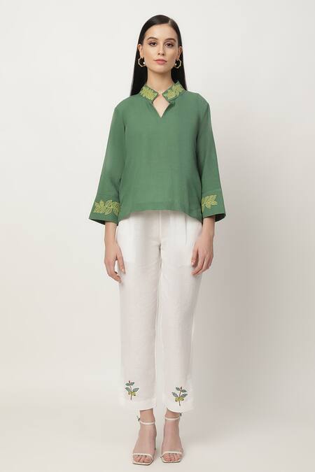 Musal_Green Cotton, Linen Embroidery Collared Cecily Sleeve Top _Online_at_Aza_Fashions