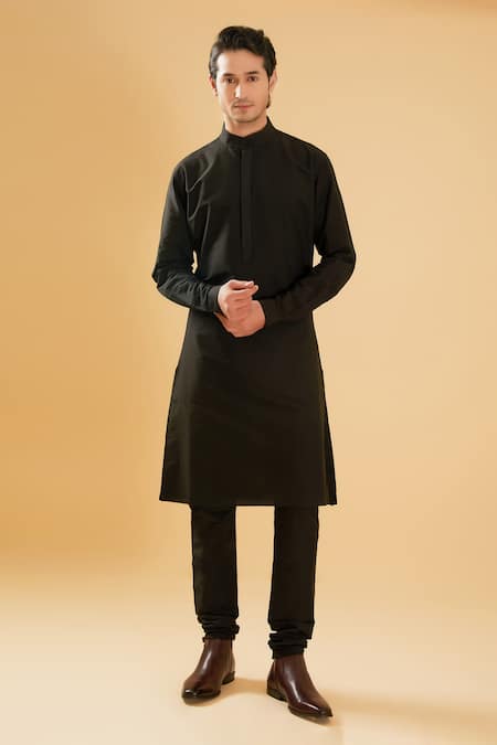 Raghavendra Rathore Blue_Black Silk Embroidery Collar Kurta _Online_at_Aza_Fashions