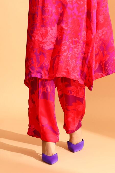 Moh India_Magenta Cupro Printed Flower Boat Neck Full Sleeve Tunic And Trouser Set_Online_at_Aza_Fashions