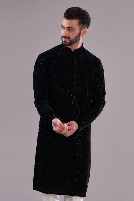 Kasbah Black Velvet, Cotton Embroidery Geometric Kurta Online at Aza Fashions Kasbah_Black Velvet, Cotton Embroidery Geometric Kurta_Online_at_Aza_Fashions