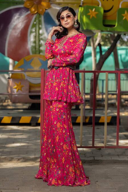 Irrau By Samir Mantri Multi Color Chiffon Sequins, Beads, Cut Floral Stripe Print Kurta And Gharara Set Online at Aza Fashions Irrau By Samir Mantri_Multi Color Chiffon Sequins, Beads, Cut Floral Stripe Print Kurta And Gharara Set _Online_at_Aza_Fashions