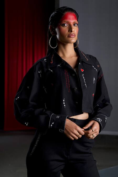 Pocketful Of Cherrie_Black Cotton Embroidery Collared Amore Thread Jacket_Online_at_Aza_Fashions