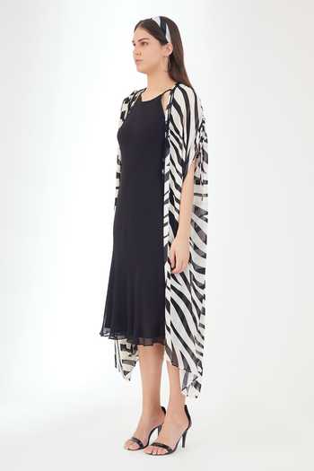 Nikasha_Black Viscose, Georgette Halter , Open Dress With Printed Jacket _Online_at_Aza_Fashions