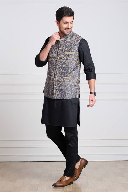 Taroob_Beige Pashmina, Wool Embroidery Bundi_Online_at_Aza_Fashions