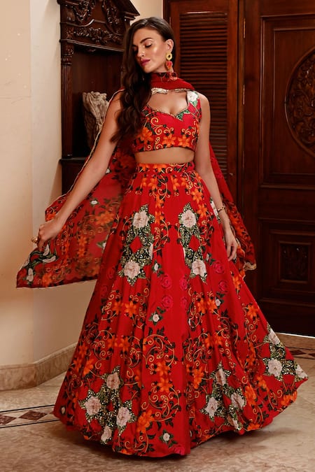 Sanam_Red Silk Sequins, Beads Mandarin Collar Floral Print Lehenga Set _Online_at_Aza_Fashions