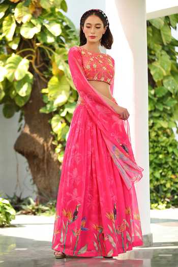 Tarini Vij_Pink Blouse Net And , Lehenga Palm Tree, & Print With _Online_at_Aza_Fashions