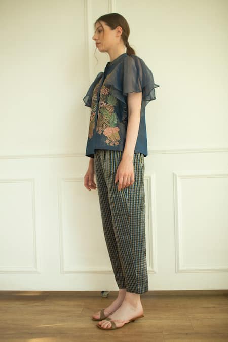 Oja_Blue Handloom Silk Applique Band Collar Floral Pattern Short Tunic And Pant Set _Online_at_Aza_Fashions