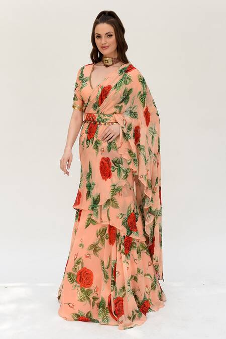 Buy_Sanam_Peach Silk Organza Embroidery, Sequins V-neck Rosaette Ruffle Saree With Blouse _Online_at_Aza_Fashions