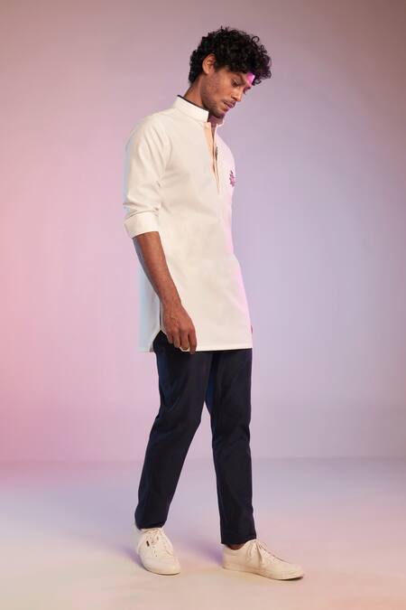 S&N By Shantnu Nikhil_White Terylene Crested Short Kurta_Online_at_Aza_Fashions