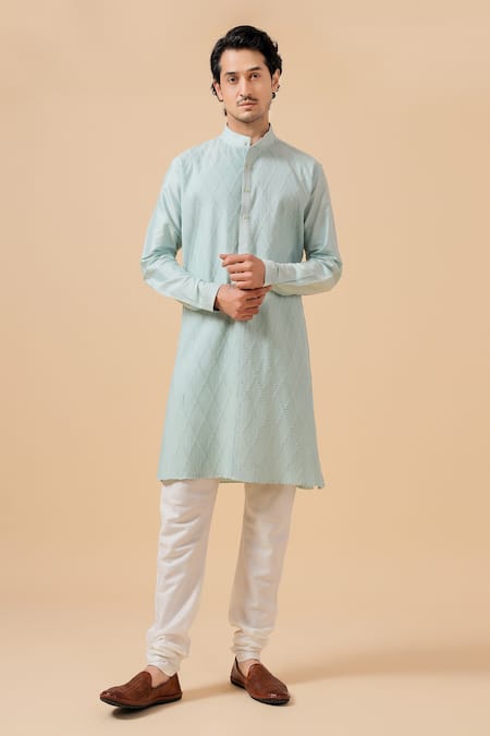Raghavendra Rathore Blue_Sky Blue Silk Criss Cross Pattern Kurta _Online_at_Aza_Fashions