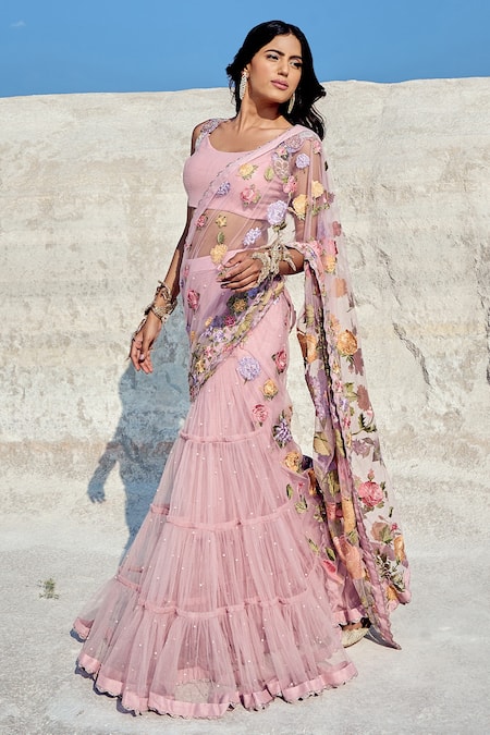Nikita Vishakha Lilac Net, Georgette Pearls, Zari Scoop Neck Tiered Embroidered Lehenga Saree Online at Aza Fashions Nikita Vishakha_Lilac Net, Georgette Pearls, Zari Scoop Neck Tiered Embroidered Lehenga Saree _Online_at_Aza_Fashions
